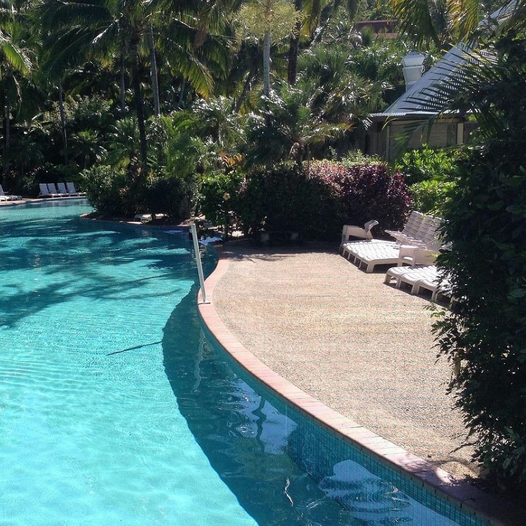 A curved pool surrounded by beige stone patio space and thick tropical vegetation.