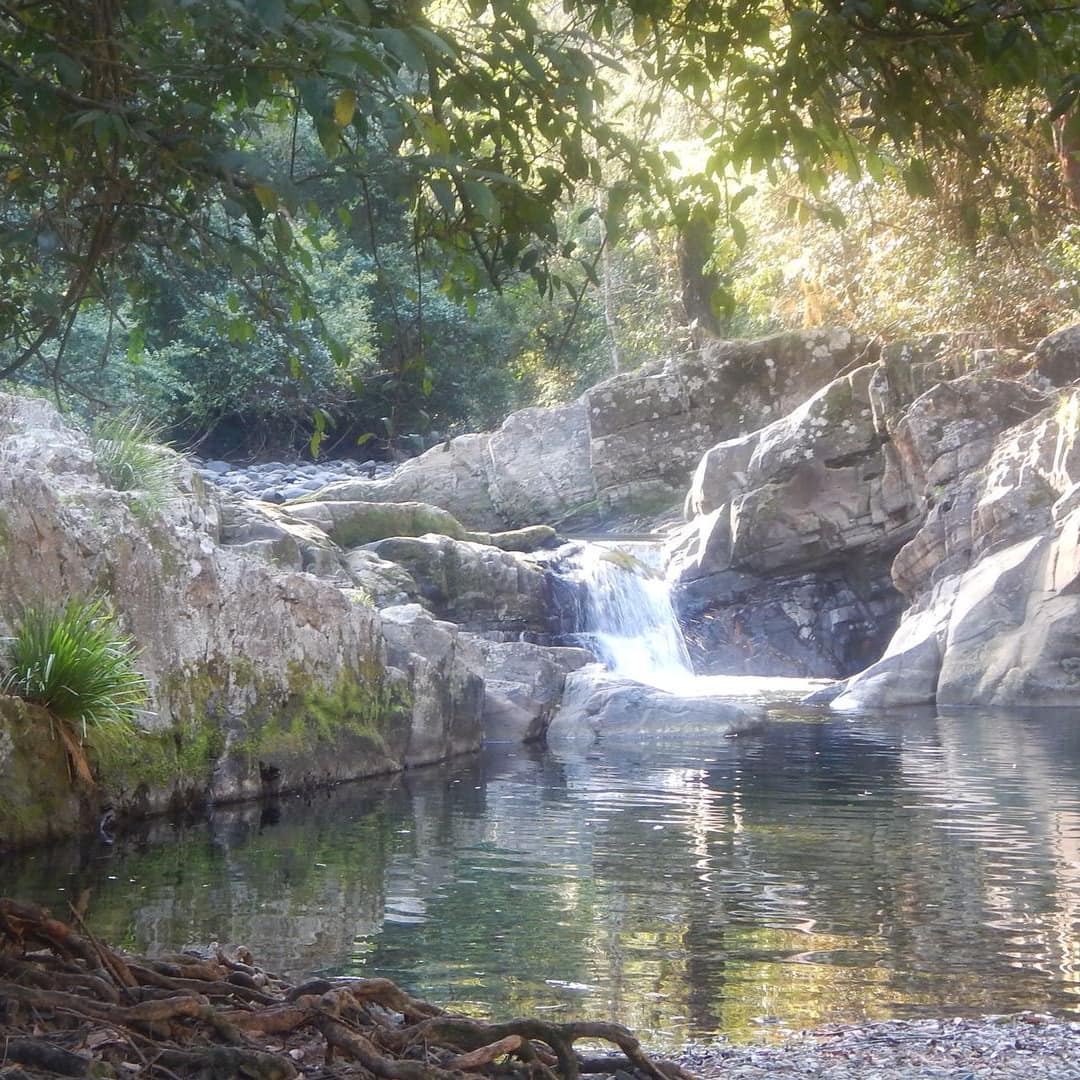 The Allyn River, running through the property of Allyn River Cabins in Barrington Tops, with a small waterfall and pool