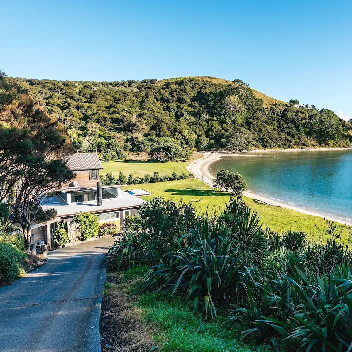View of the waterfront bach and green trees along the coast