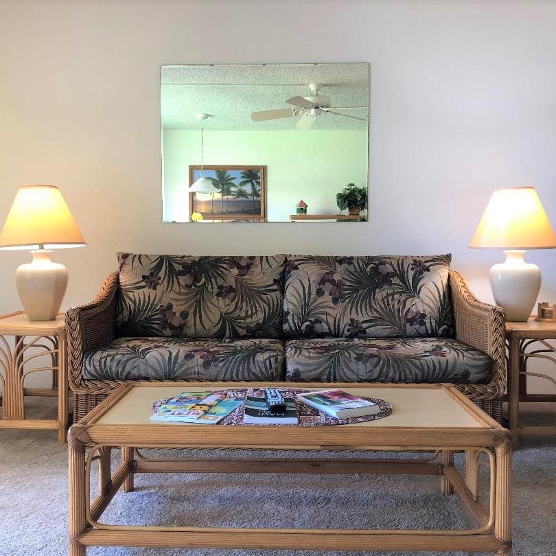 A living room with grey carpet, white walls, a wicker sofa with tropical-patterned cushions, and bamboo furniture.